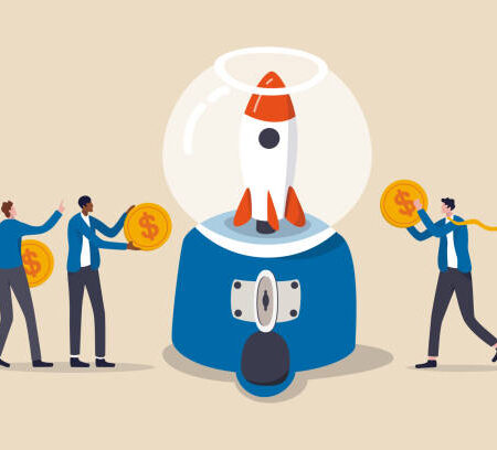 Fund raising, gather money to launch project or people contribute budget and financial support concept, people businessmen holding dollar money coins to contribute in gumball machine to launch rocket.